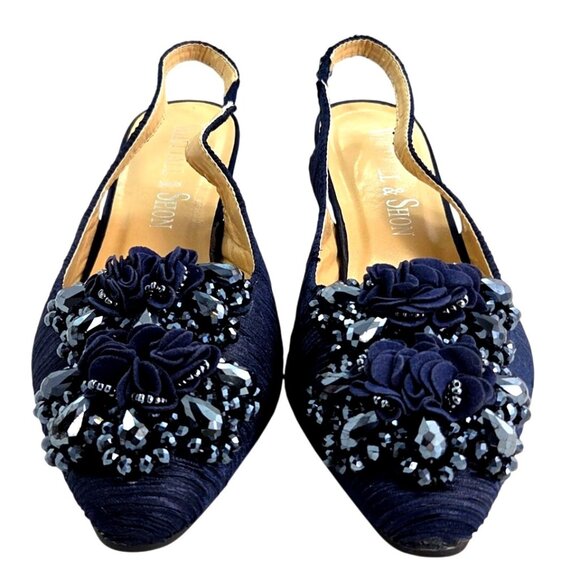 Whittall & Shon Shoes - Whittall & Shon Navy Blue Ruched Velvet Embellished Slingback Heels Size 10